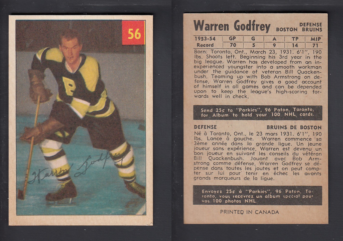 1954-55 PARKHURST HOCKEY CARD #56 W. GODFREY photo 1954-55 PARKHURST HOCKEY CARD #56 W. GODFREY photo