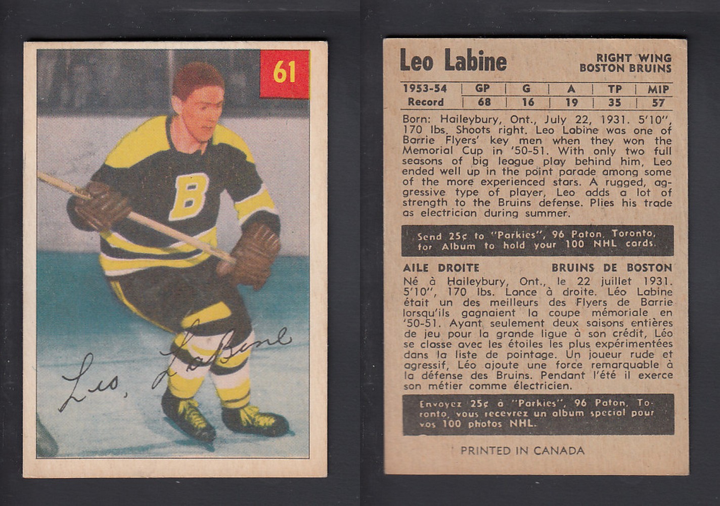 1954-55 PARKHURST HOCKEY CARD #61 L. LABINE photo 1954-55 PARKHURST HOCKEY CARD #61 L. LABINE photo