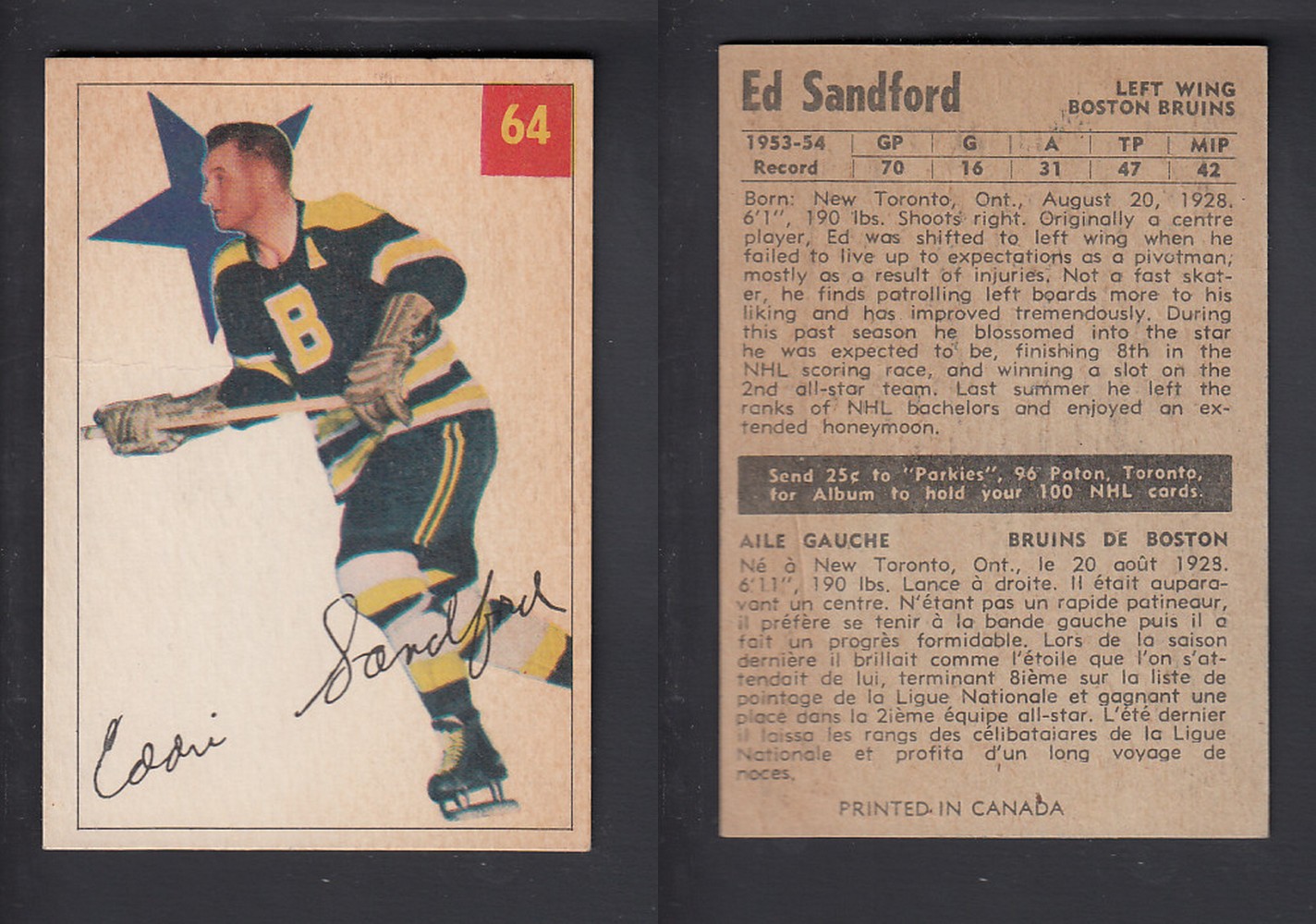 1954-55 PARKHURST HOCKEY CARD #64 E. SANDFORD photo 1954-55 PARKHURST HOCKEY CARD #64 E. SANDFORD photo