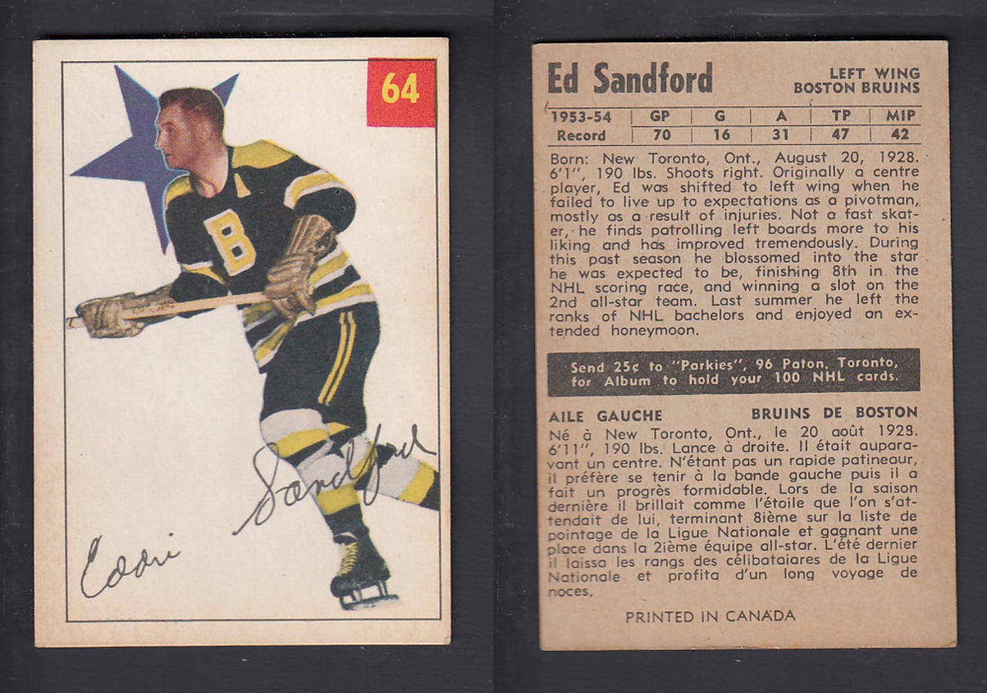 1954-55 PARKHURST HOCKEY CARD #64 E. SANDFORD photo 1954-55 PARKHURST HOCKEY CARD #64 E. SANDFORD photo