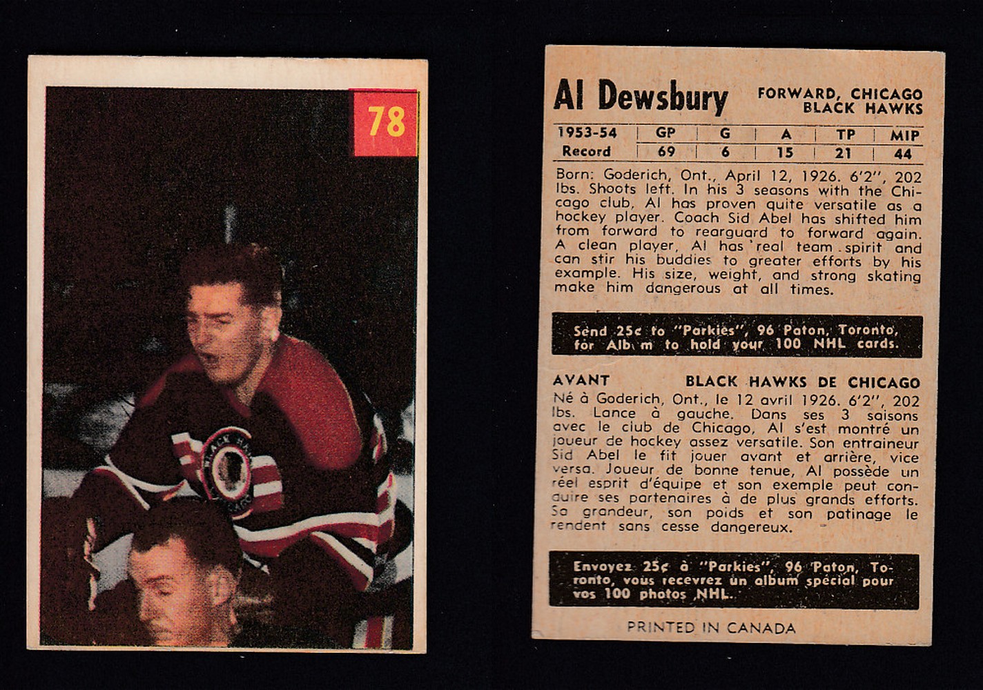 1954-55 PARKHURST HOCKEY CARD #78 A. DEWSBURY photo 1954-55 PARKHURST HOCKEY CARD #78 A. DEWSBURY photo