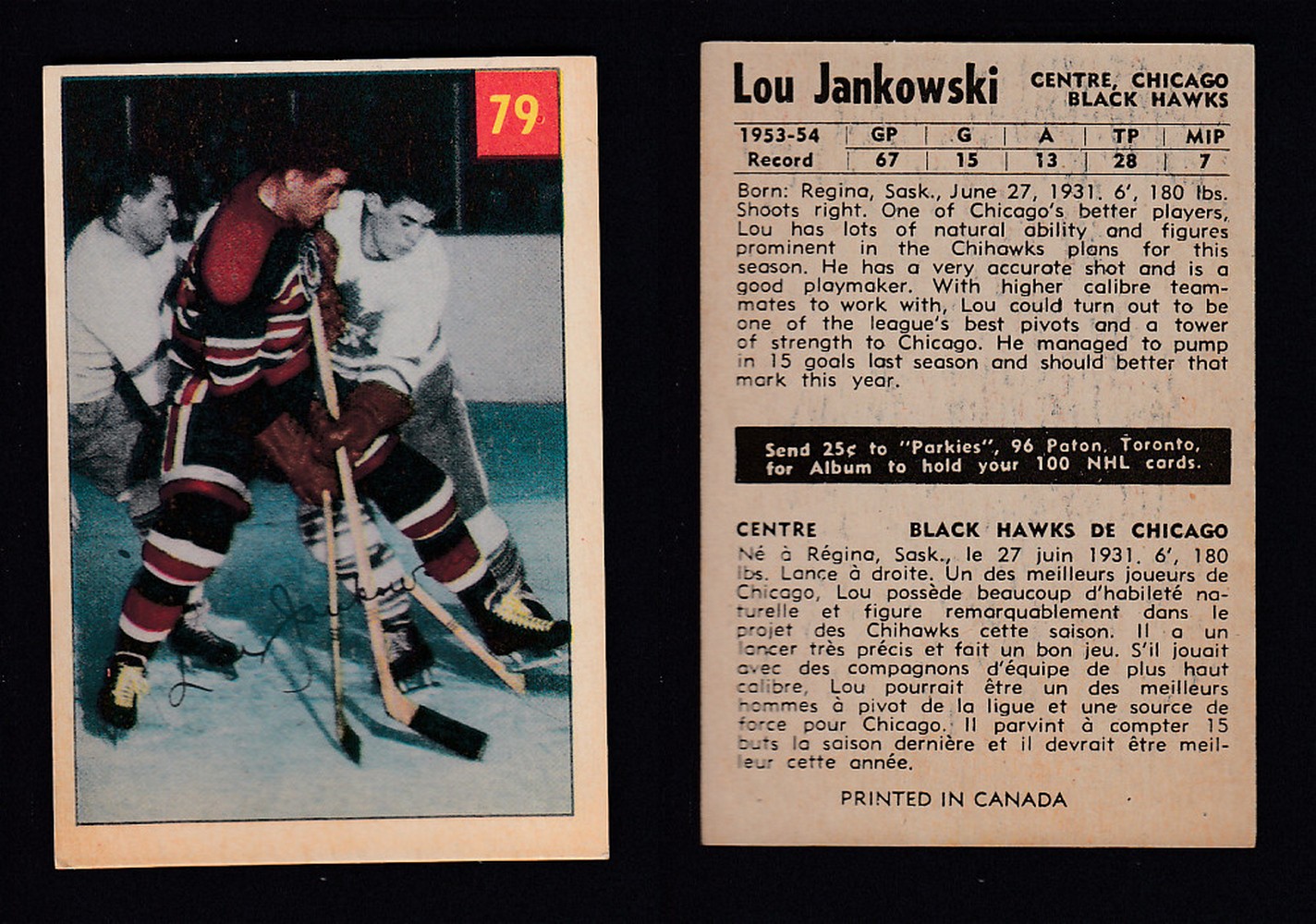 1954-55 PARKHURST HOCKEY CARD #79 L. JANKOWSKI photo 1954-55 PARKHURST HOCKEY CARD #79 L. JANKOWSKI photo