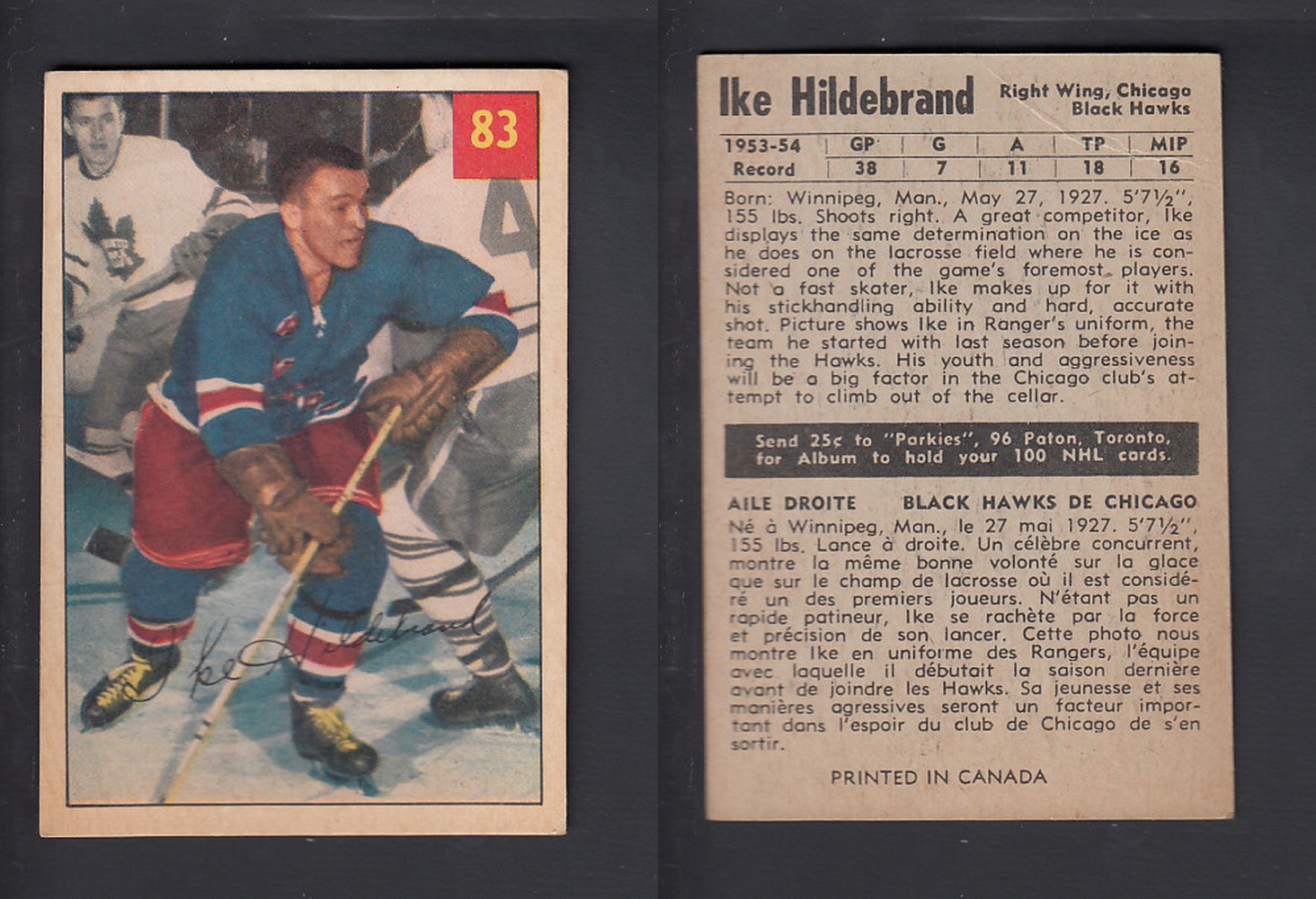 1954-55 PARKHURST HOCKEY CARD #83 I. HILDEBRAND photo 1954-55 PARKHURST HOCKEY CARD #83 I. HILDEBRAND photo