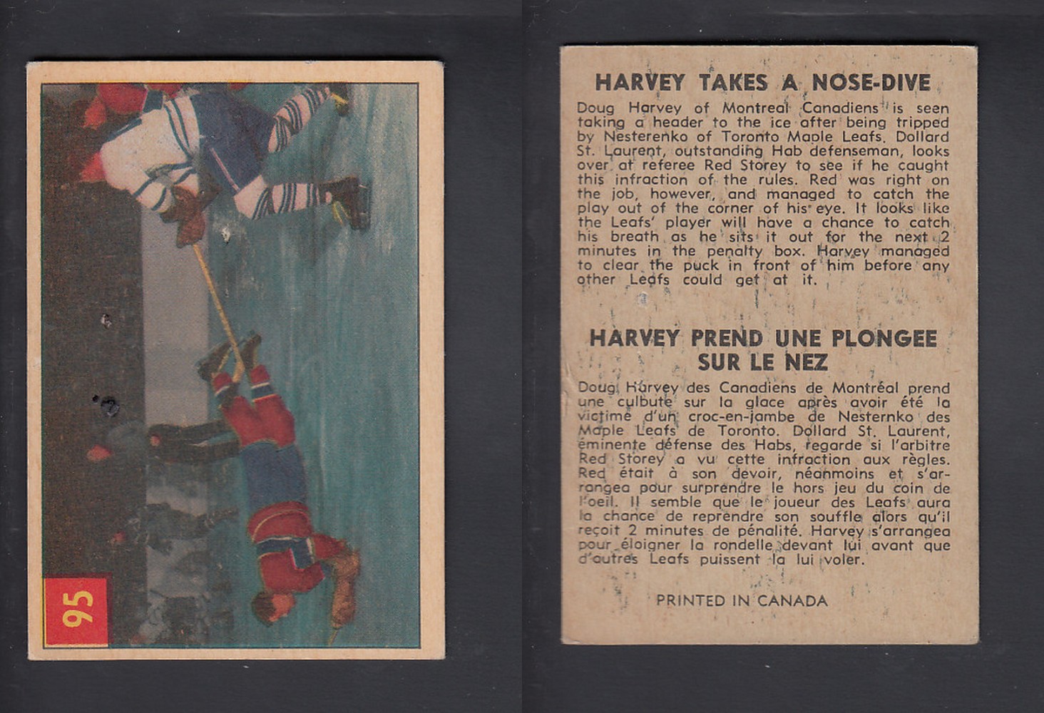 1954-55 PARKHURST HOCKEY CARD #95 HARVEY TAKES A NOSE-DIVE photo 1954-55 PARKHURST HOCKEY CARD #95 HARVEY TAKES A NOSE-DIVE photo