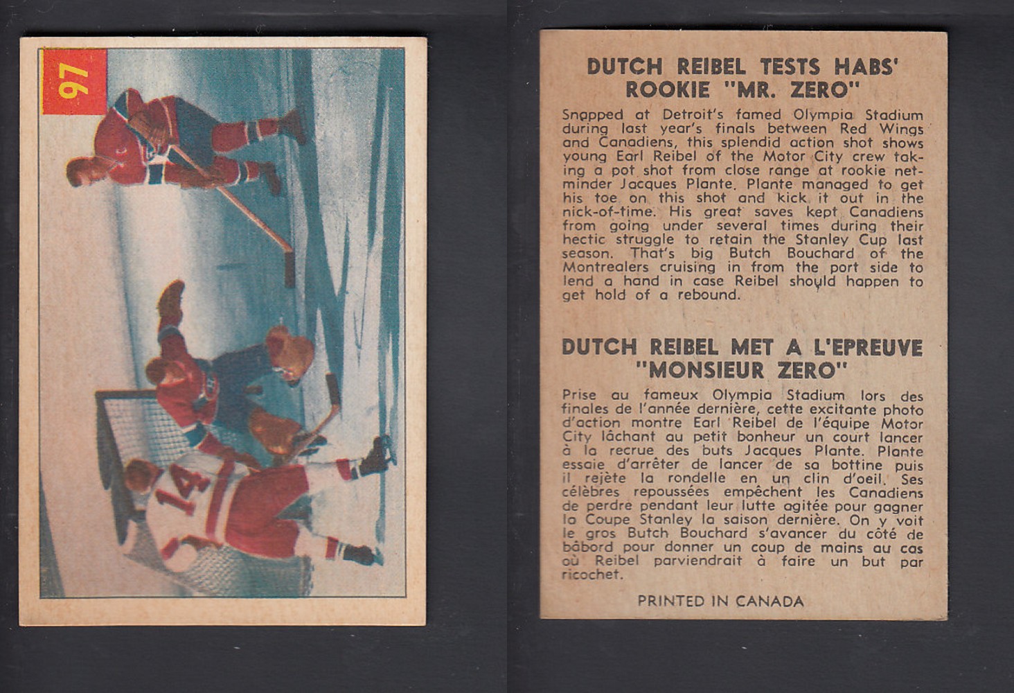 1954-55 PARKHURST HOCKEY CARD #97 D. REIBEL TESTS HABS' ROOKIE 1954-55 PARKHURST HOCKEY CARD #97 D. REIBEL TESTS HABS' ROOKIE