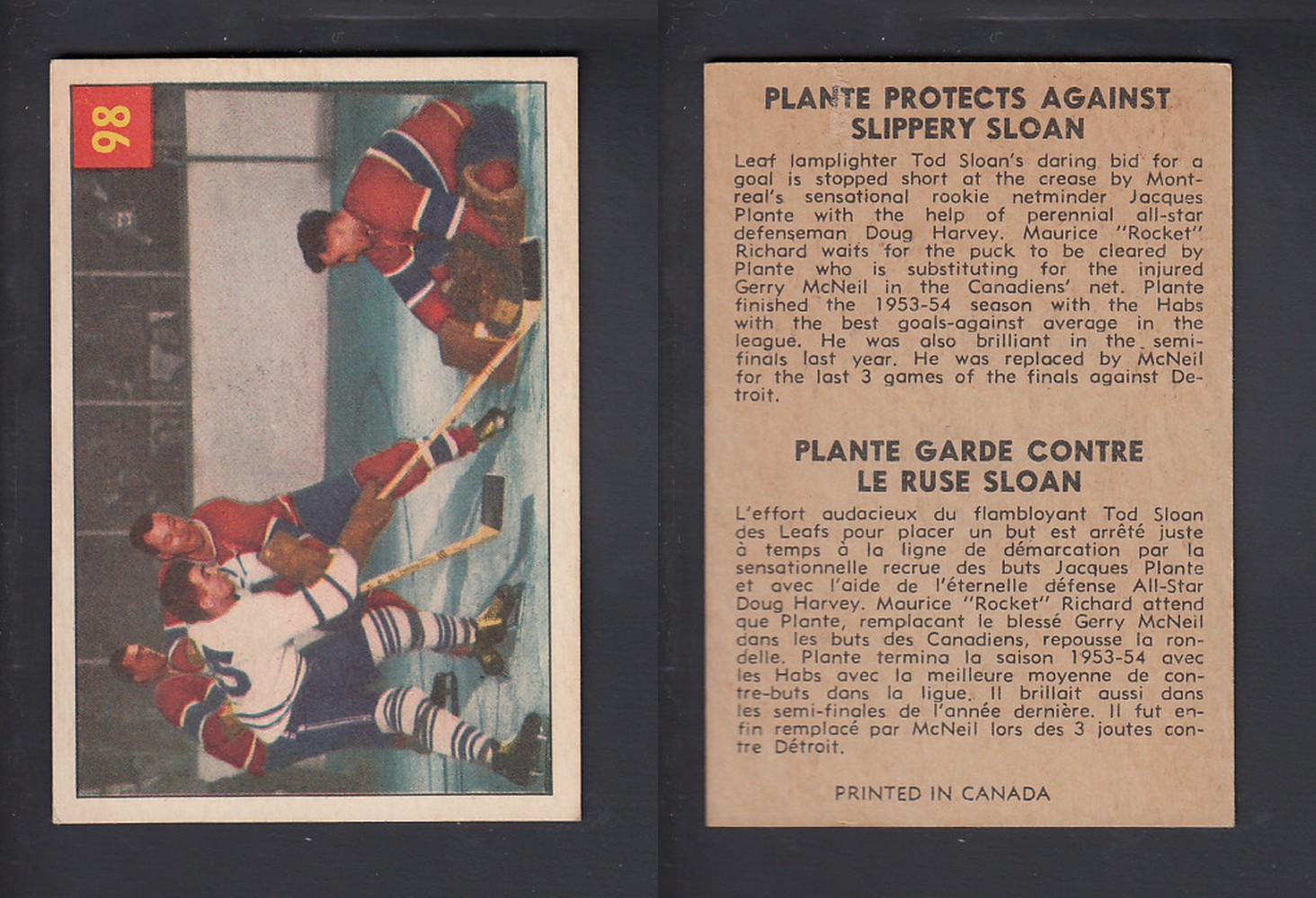 1954-55 PARKHURST HOCKEY CARD #98 PLANTE PROTECTS AGAINST SLIPPERY SLOAN photo 1954-55 PARKHURST HOCKEY CARD #98 PLANTE PROTECTS AGAINST SLIPPERY SLOAN photo