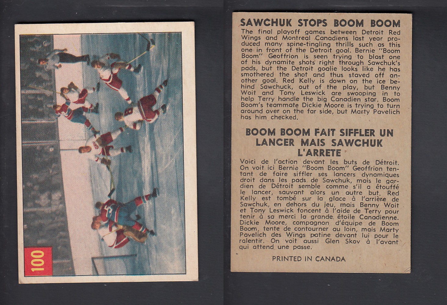 1954-55 PARKHURST HOCKEY CARD #100 SAWCHUK STOPS BOOM BOOM photo