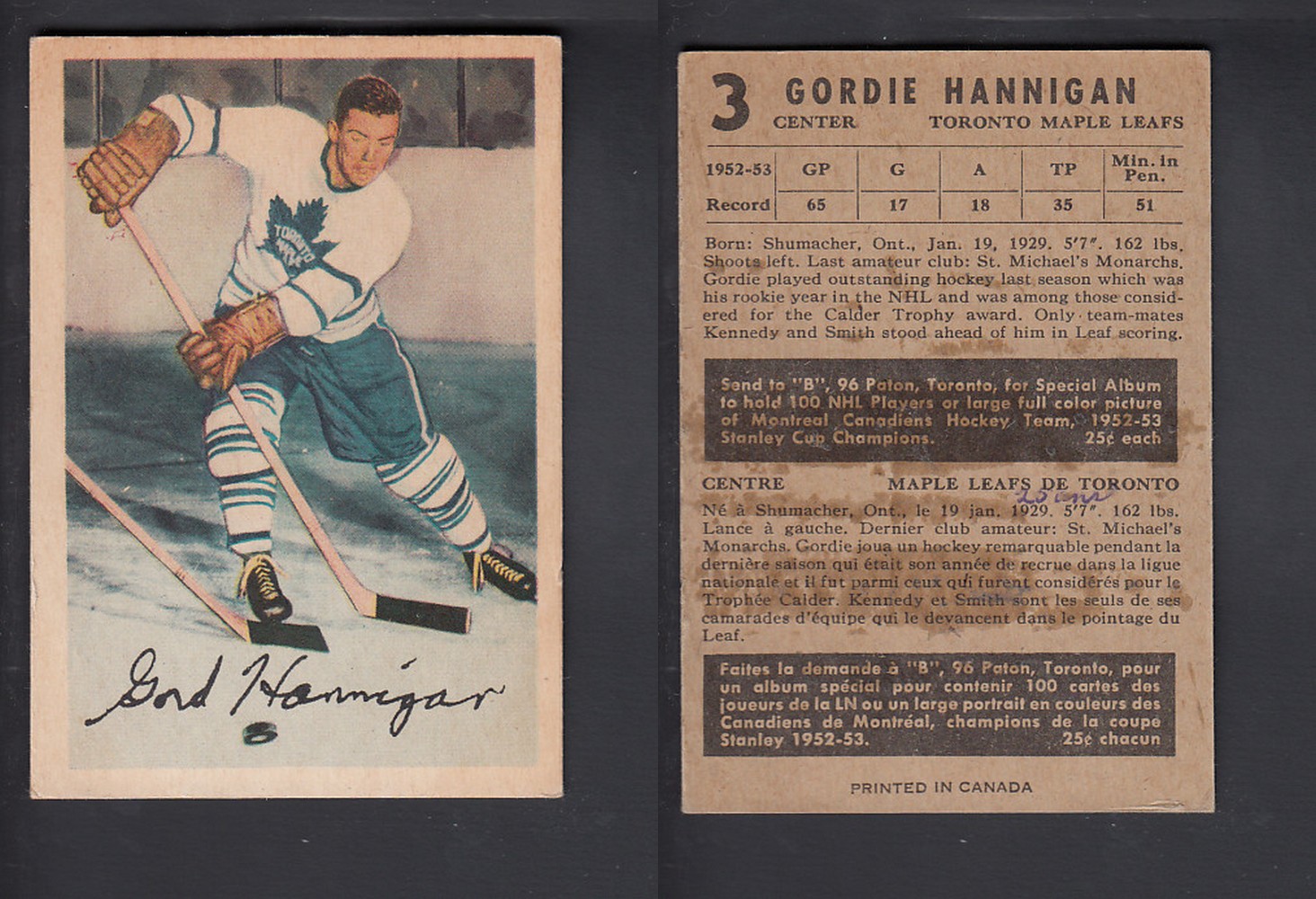 1953-54 PARKHURST HOCKEY CARD #3 G. HANNIGAN photo 1953-54 PARKHURST HOCKEY CARD #3 G. HANNIGAN photo