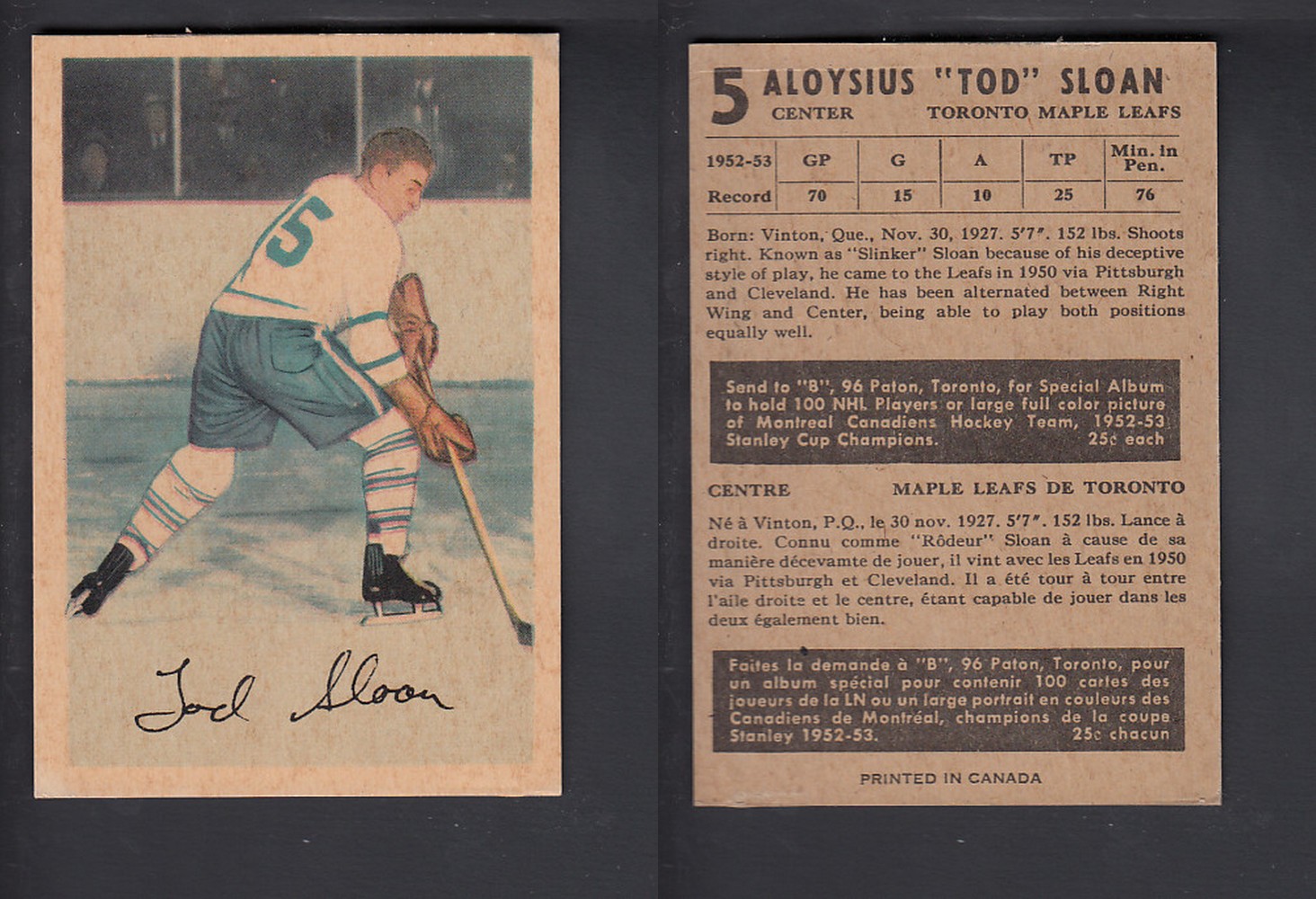 1953-54 PARKHURST HOCKEY CARD #5 A. SLOAN photo 1953-54 PARKHURST HOCKEY CARD #5 A. SLOAN photo