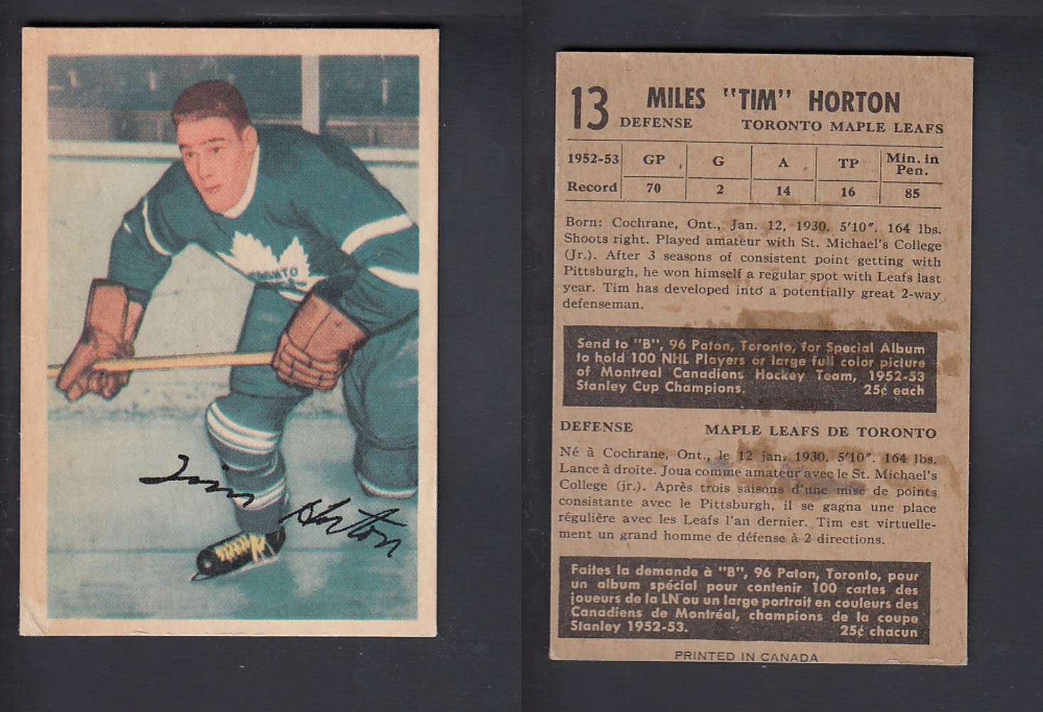 1953-54 PARKHURST HOCKEY CARD #13 T. HORTON photo 1953-54 PARKHURST HOCKEY CARD #13 T. HORTON photo
