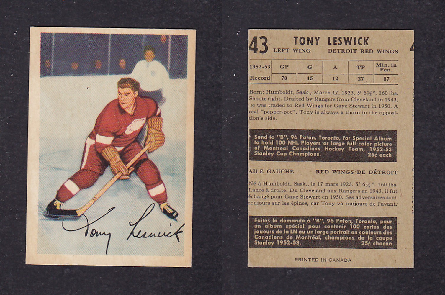 1953-54 PARKHURST HOCKEY CARD #43 T. LESWICK photo 1953-54 PARKHURST HOCKEY CARD #43 T. LESWICK photo
