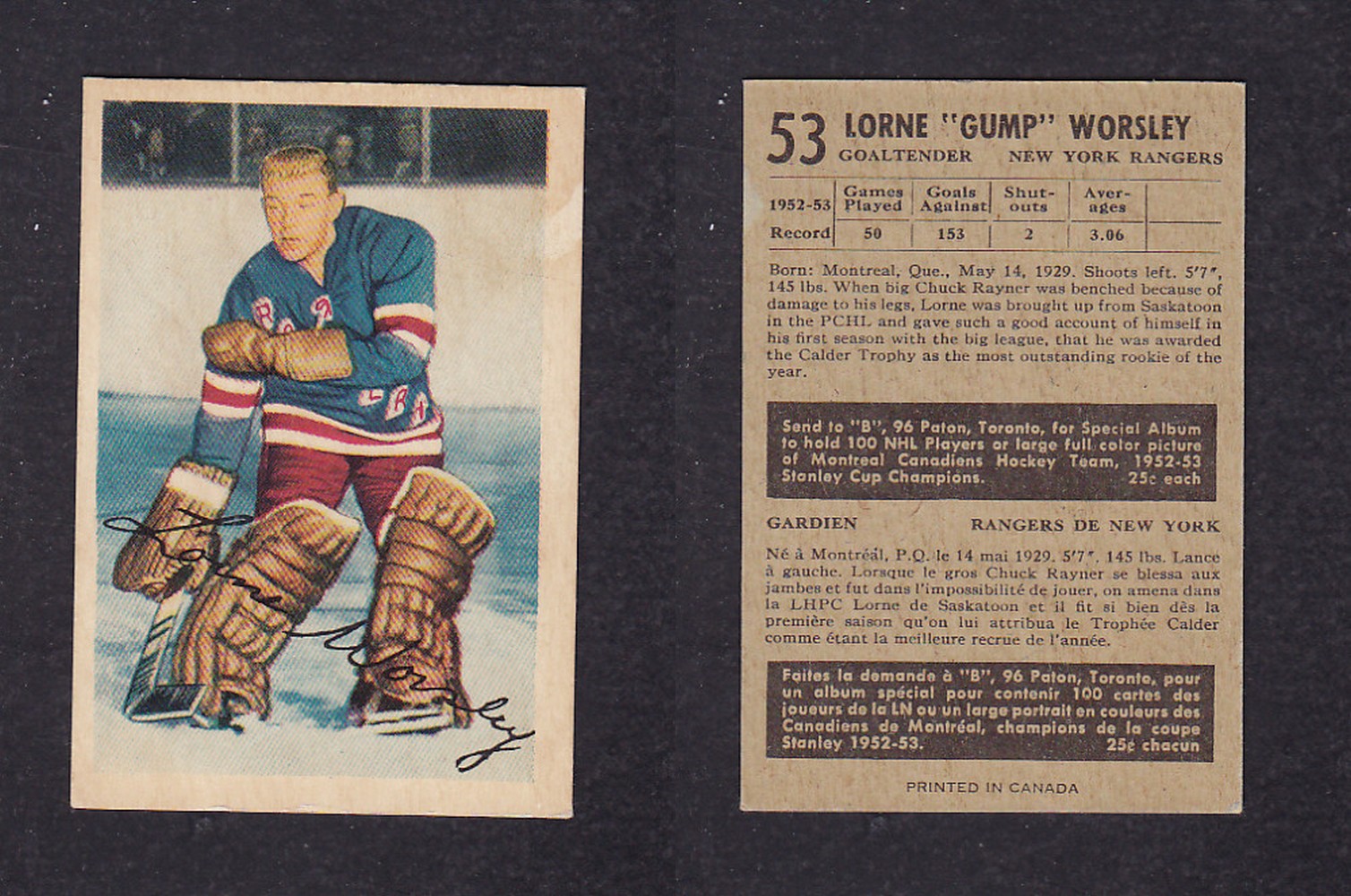 1953-54 PARKHURST HOCKEY CARD #53 L. WORSLEY photo 1953-54 PARKHURST HOCKEY CARD #53 L. WORSLEY photo