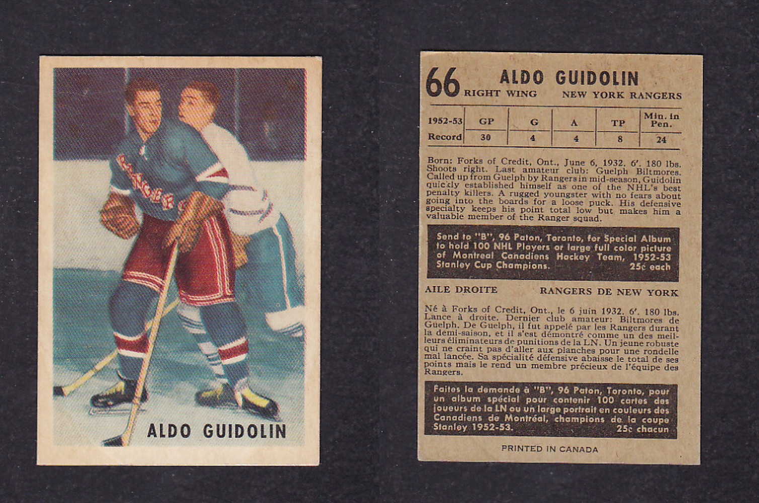 1953-54 PARKHURST HOCKEY CARD #66 A. GUIDOLIN photo 1953-54 PARKHURST HOCKEY CARD #66 A. GUIDOLIN photo