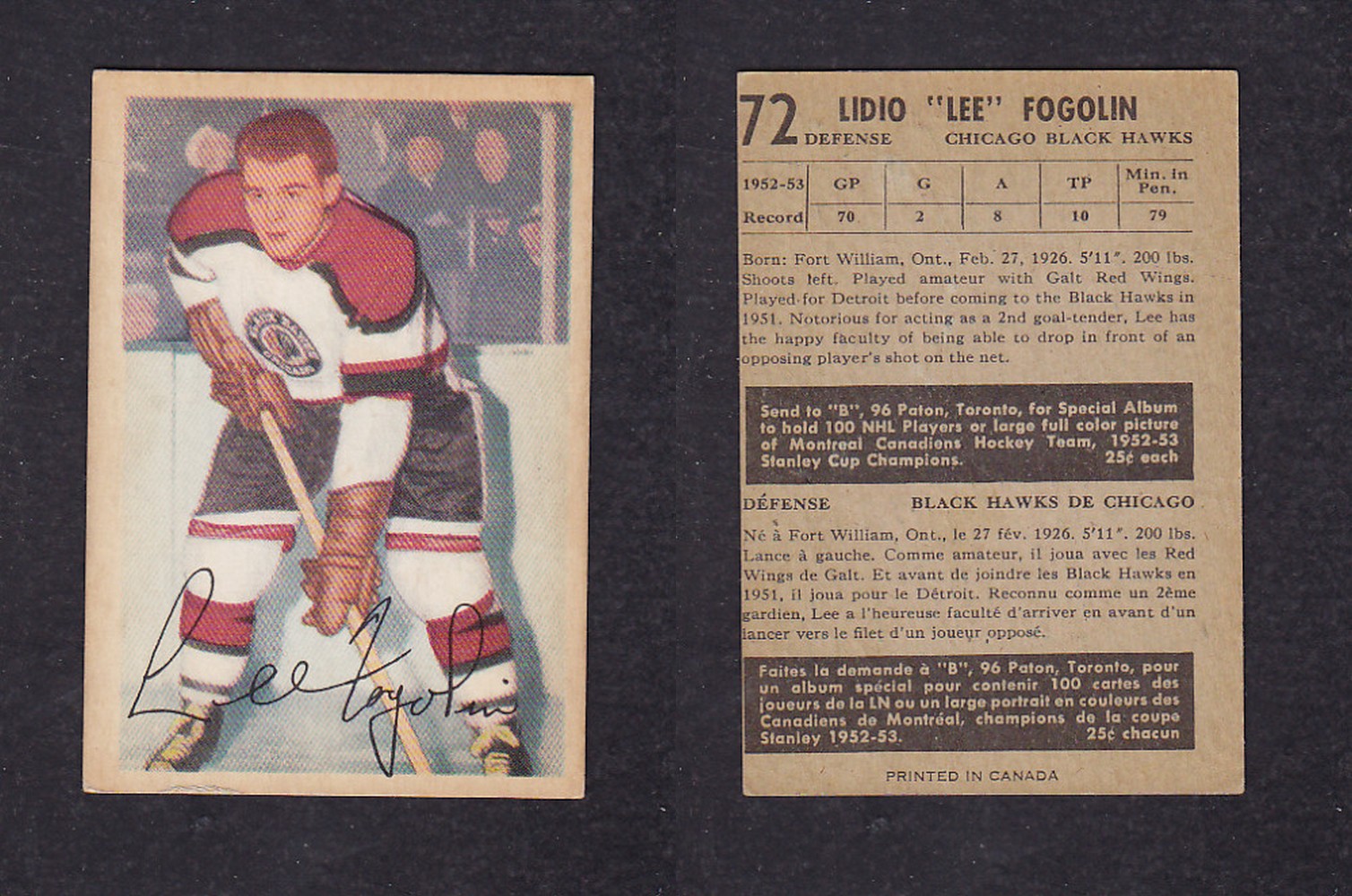 1953-54 PARKHURST HOCKEY CARD #72 L. FOGOLIN photo 1953-54 PARKHURST HOCKEY CARD #72 L. FOGOLIN photo