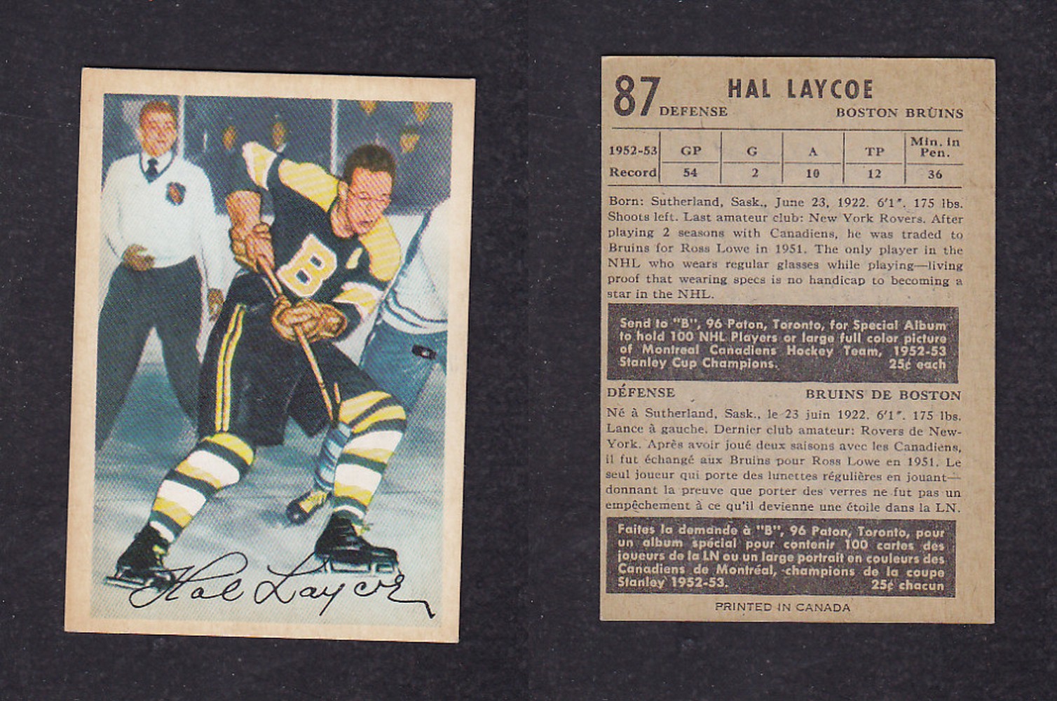 1953-54 PARKHURST HOCKEY CARD #87 H. LAYCOE photo 1953-54 PARKHURST HOCKEY CARD #87 H. LAYCOE photo