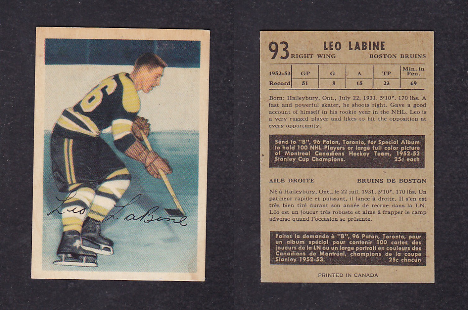 1953-54 PARKHURST HOCKEY CARD #93 L. LABINE photo 1953-54 PARKHURST HOCKEY CARD #93 L. LABINE photo