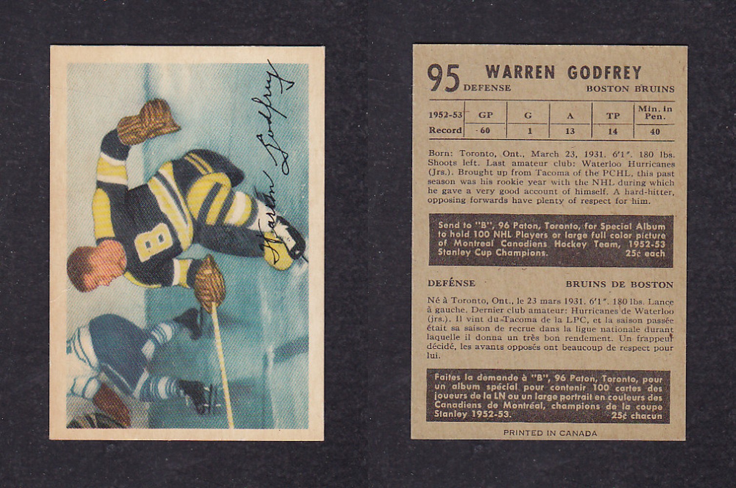 1953-54 PARKHURST HOCKEY CARD #95 W. GODFREY photo 1953-54 PARKHURST HOCKEY CARD #95 W. GODFREY photo