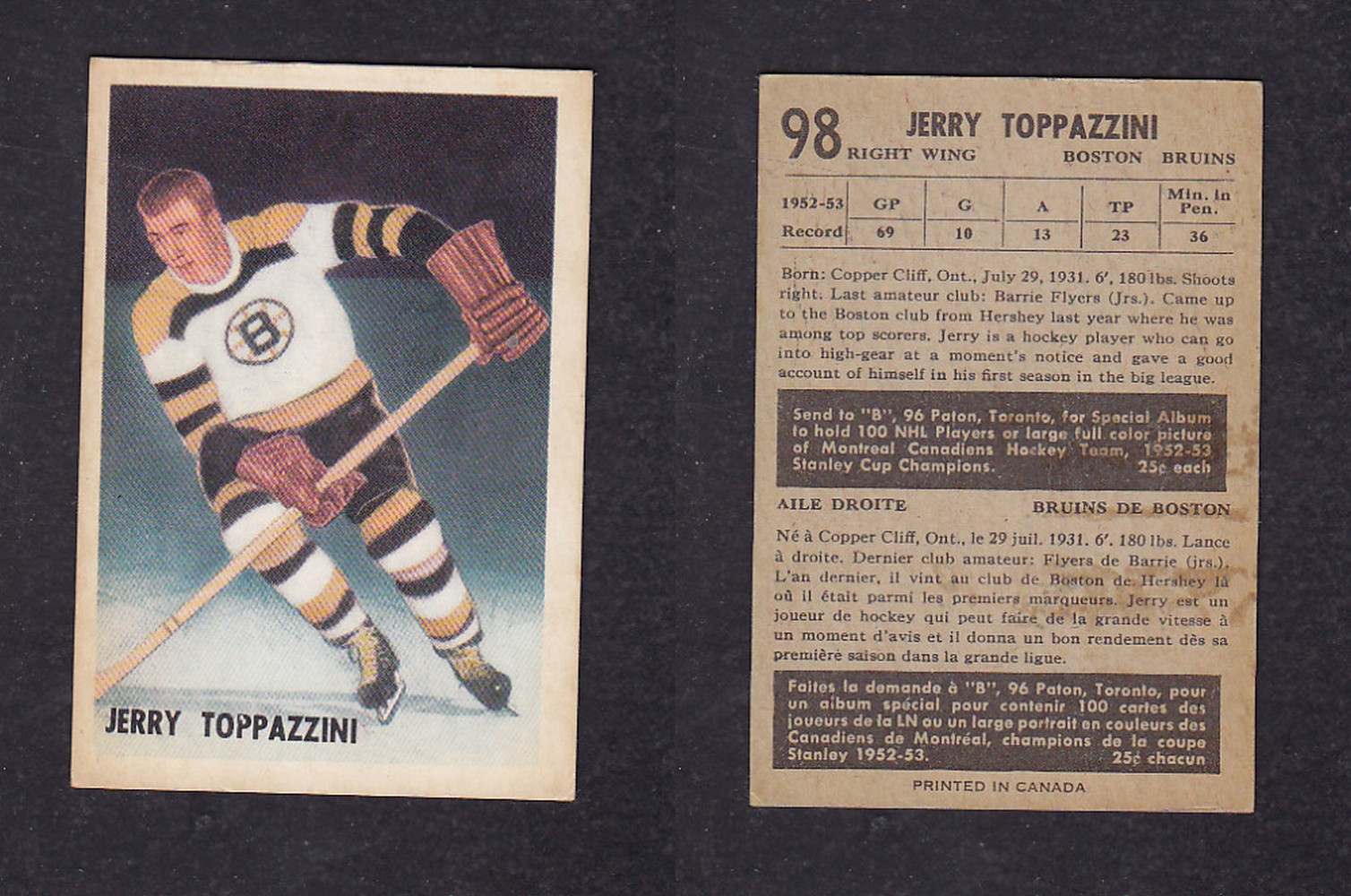 1953-54 PARKHURST HOCKEY CARD #98 J. TOPPAZINI photo 1953-54 PARKHURST HOCKEY CARD #98 J. TOPPAZINI photo