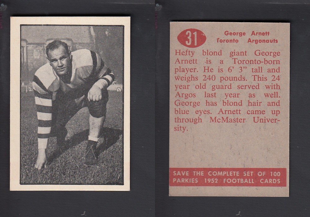 1952 CFL PARKHURST FOOTBALL CARD #31 G. ARNETT photo 1952 CFL PARKHURST FOOTBALL CARD #31 G. ARNETT photo