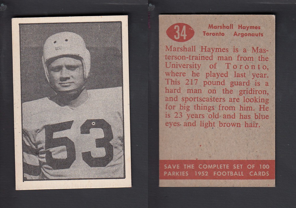 1952 CFL PARKHURST FOOTBALL CARD #34 M. HAYMES photo 1952 CFL PARKHURST FOOTBALL CARD #34 M. HAYMES photo