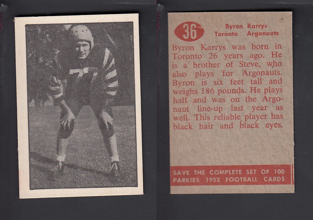 1952 CFL PARKHURST FOOTBALL CARD #36 B. KARRYS photo 1952 CFL PARKHURST FOOTBALL CARD #36 B. KARRYS photo