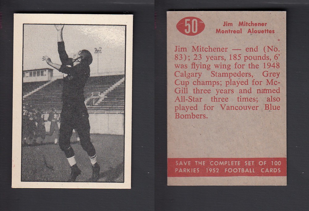 1952 CFL PARKHURST FOOTBALL CARD #50 J. MITCHENER photo 1952 CFL PARKHURST FOOTBALL CARD #50 J. MITCHENER photo