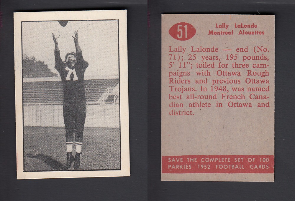 1952 CFL PARKHURST FOOTBALL CARD #51 L. LALONDE photo 1952 CFL PARKHURST FOOTBALL CARD #51 L. LALONDE photo