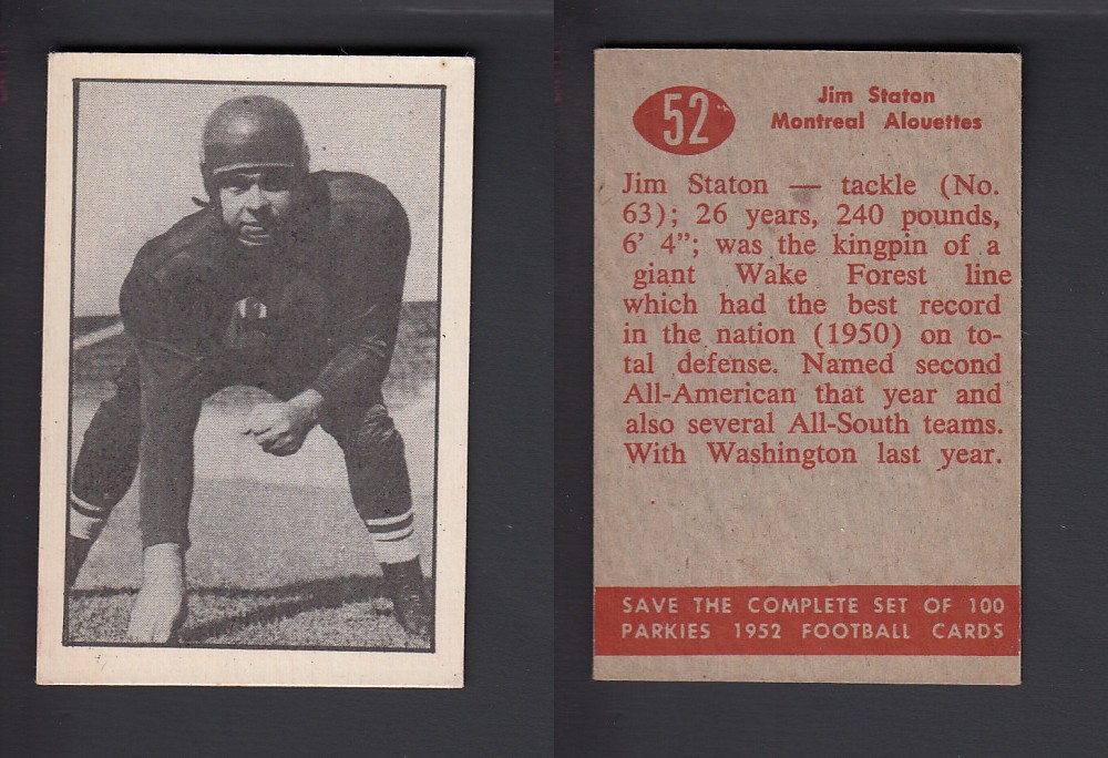 1952 CFL PARKHURST FOOTBALL CARD #52 J. STATON photo 1952 CFL PARKHURST FOOTBALL CARD #52 J. STATON photo