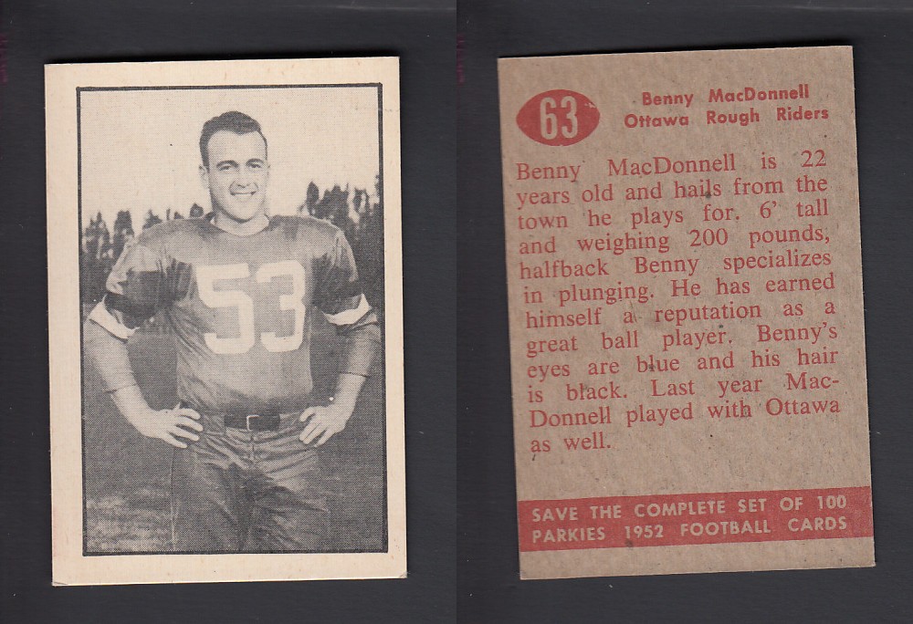 1952 CFL PARKHURST FOOTBALL CARD #63 B. MacDONNELL photo