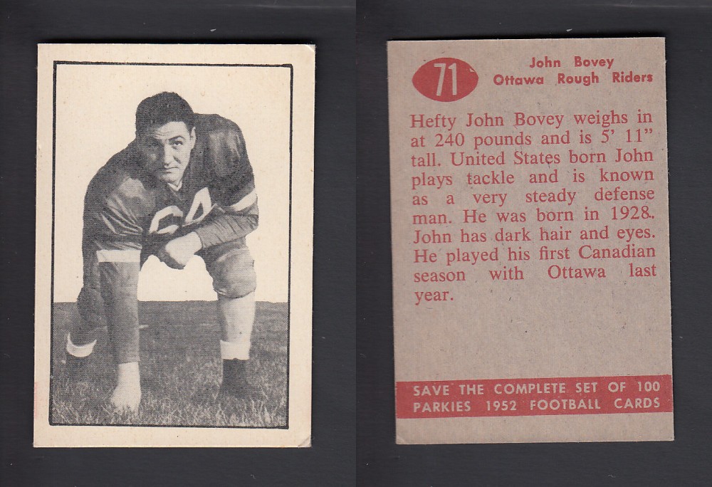 1952 CFL PARKHURST FOOTBALL CARD #71 J. BOVEY photo 1952 CFL PARKHURST FOOTBALL CARD #71 J. BOVEY photo
