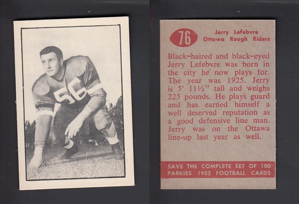 1952 CFL PARKHURST FOOTBALL CARD #76 J. LEFEBVRVE photo 1952 CFL PARKHURST FOOTBALL CARD #76 J. LEFEBVRVE photo