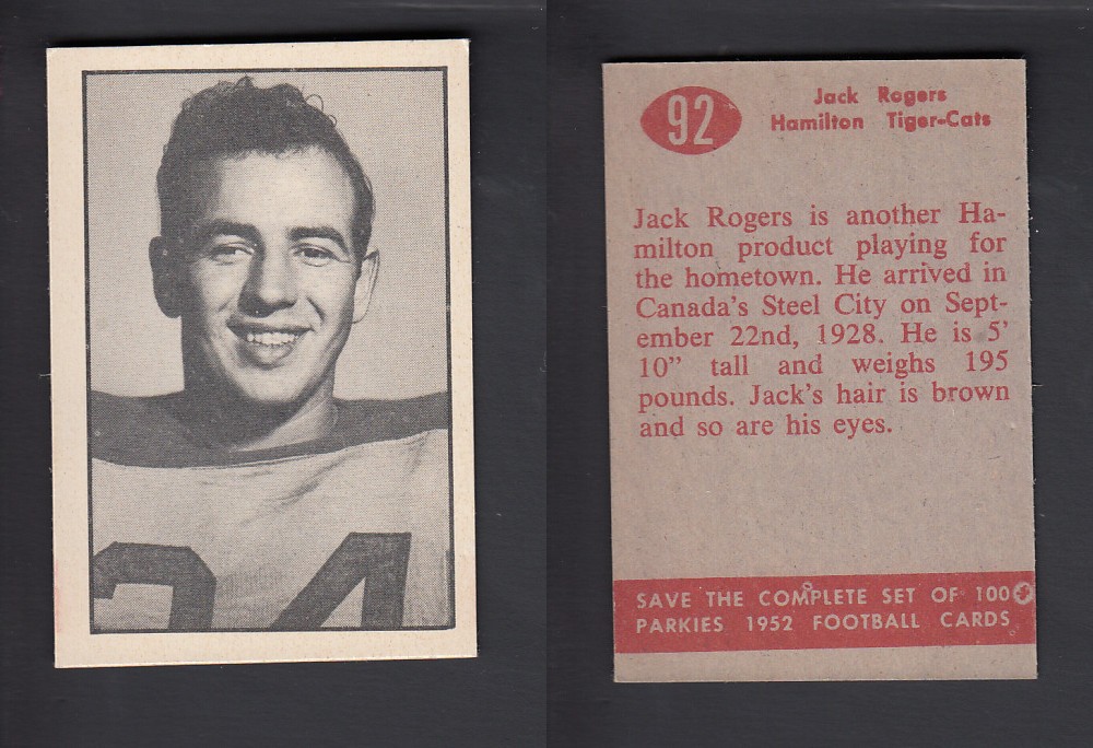 1952 CFL PARKHURST FOOTBALL CARD #92 J. ROGERS photo 1952 CFL PARKHURST FOOTBALL CARD #92 J. ROGERS photo
