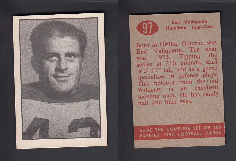 1952 CFL PARKHURST FOOTBALL CARD #97 E. VALIQUETTE photo