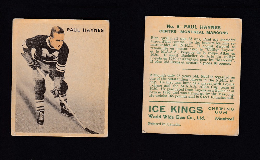 1933-34 ICE KINGS HOCKEY CARD #6 P. HAYNES photo 1933-34 ICE KINGS HOCKEY CARD #6 P. HAYNES photo