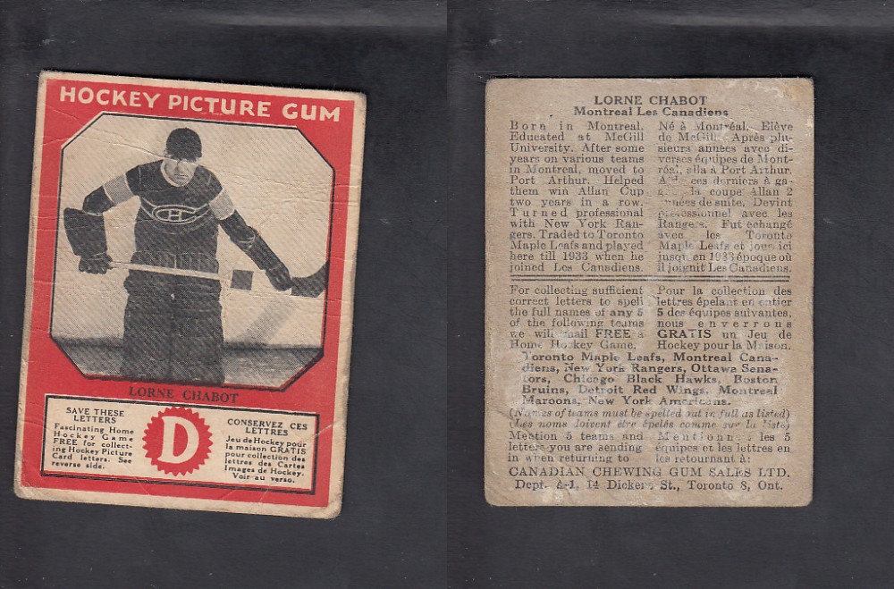 1933-34 CANADIAN CHEWING GUM HOCKEY CARD L. CHABOT photo 1933-34 CANADIAN CHEWING GUM HOCKEY CARD L. CHABOT photo
