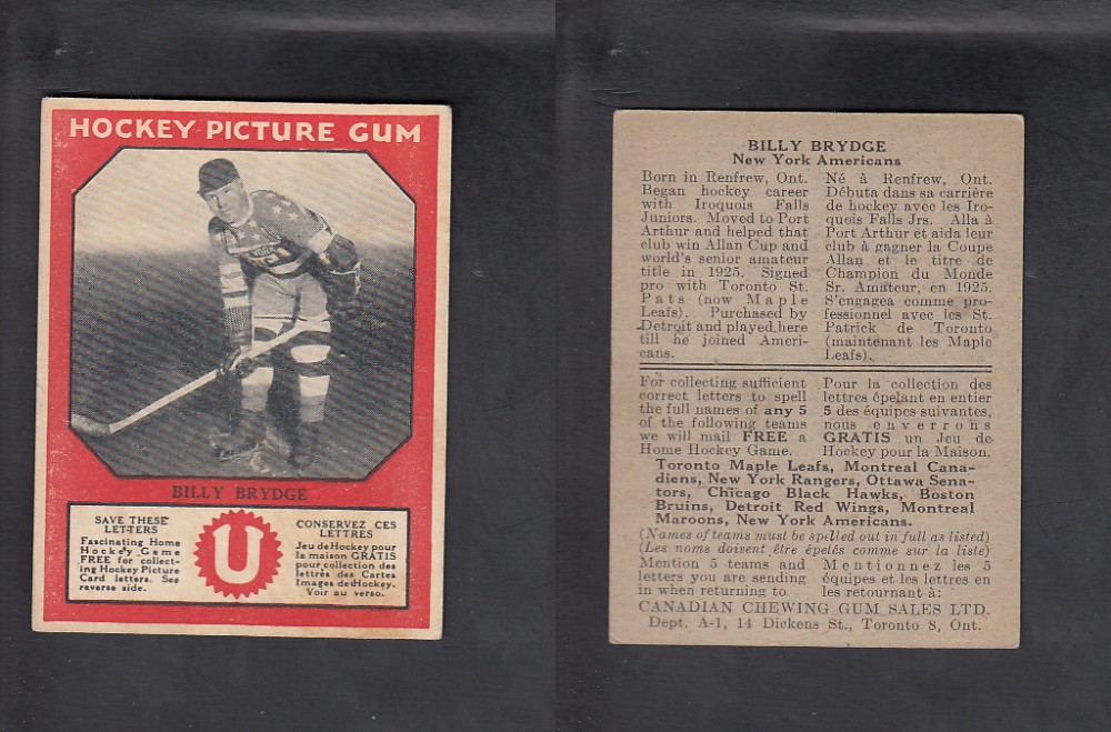 CS83119223 193334 CANADIAN CHEWING GUM HOCKEY CARD B. BRYDGE