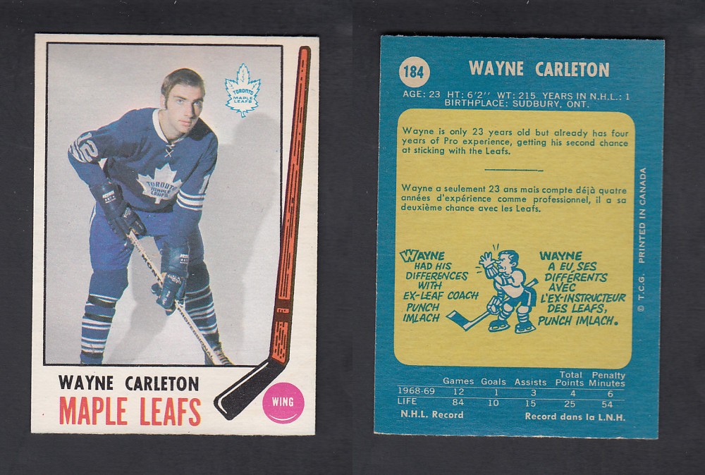 1969-70 O-PEE-CHEE HOCKEY CARD #184 W. CARLETON photo 1969-70 O-PEE-CHEE HOCKEY CARD #184 W. CARLETON photo