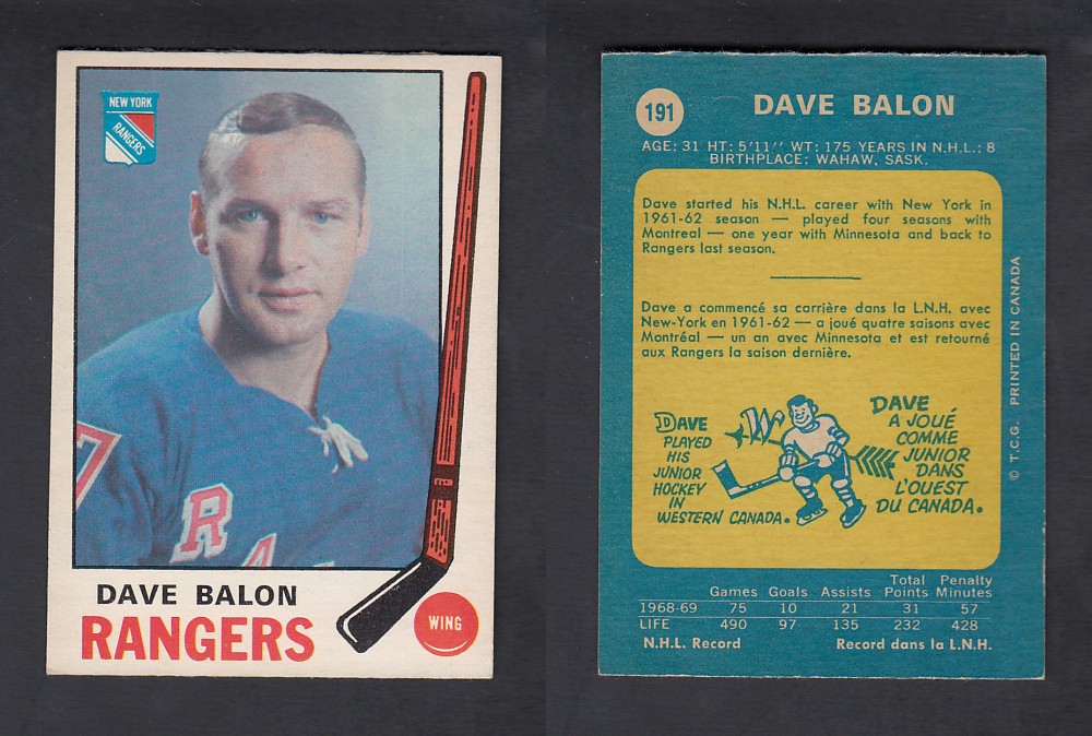 1969-70 O-PEE-CHEE HOCKEY CARD #191 D. BALON photo 1969-70 O-PEE-CHEE HOCKEY CARD #191 D. BALON photo