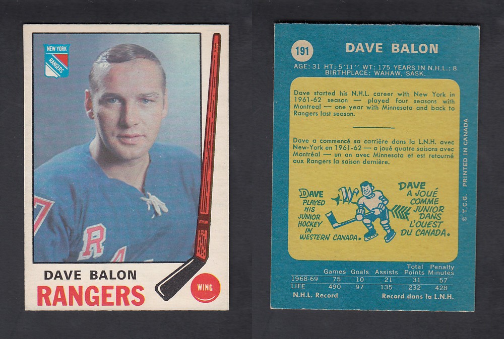 1969-70 O-PEE-CHEE HOCKEY CARD #191 D. BALON photo 1969-70 O-PEE-CHEE HOCKEY CARD #191 D. BALON photo