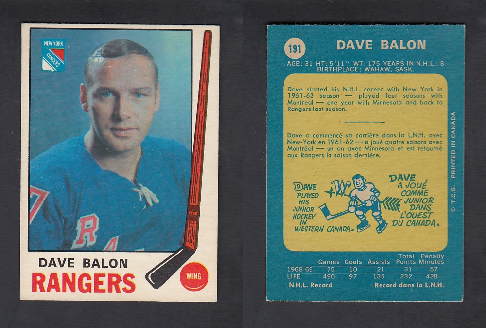 1969-70 O-PEE-CHEE HOCKEY CARD #191 D. BALON photo 1969-70 O-PEE-CHEE HOCKEY CARD #191 D. BALON photo