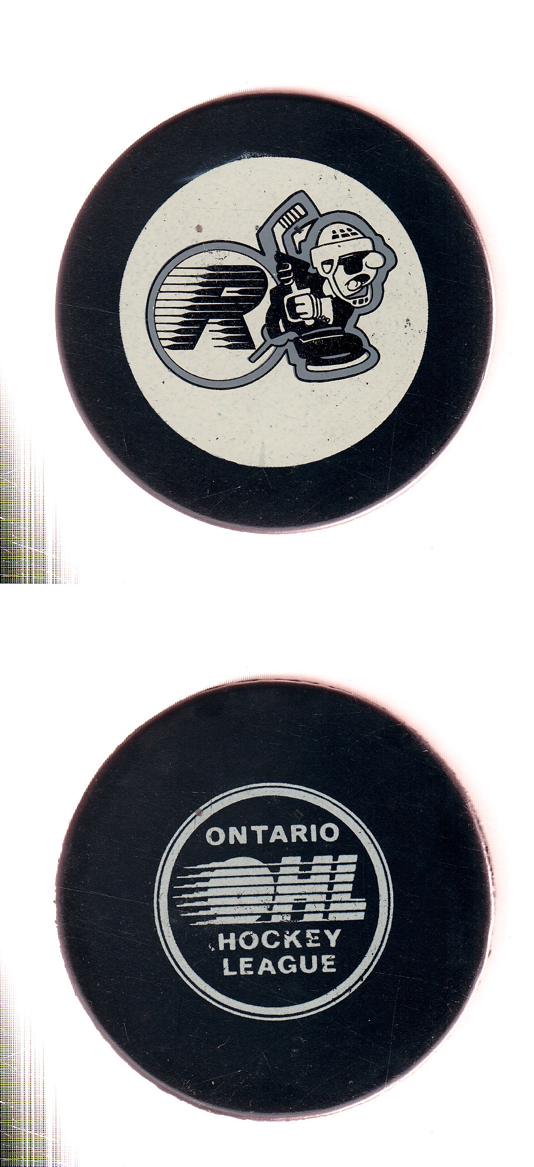 1986-94 IN GLAS CO KITCHENER RAIDERS GAME PUCK photo 1986-94 IN GLAS CO KITCHENER RAIDERS GAME PUCK photo