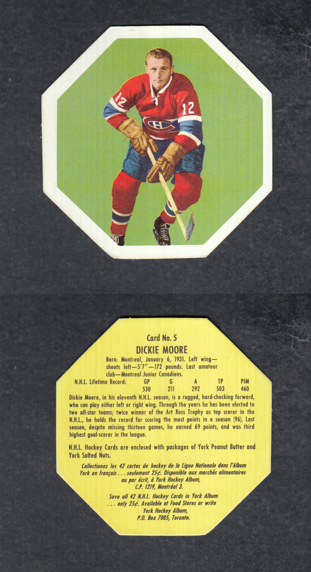 1961-62 YORK HOCKEY CARD #5 D. MOORE photo 1961-62 YORK HOCKEY CARD #5 D. MOORE photo