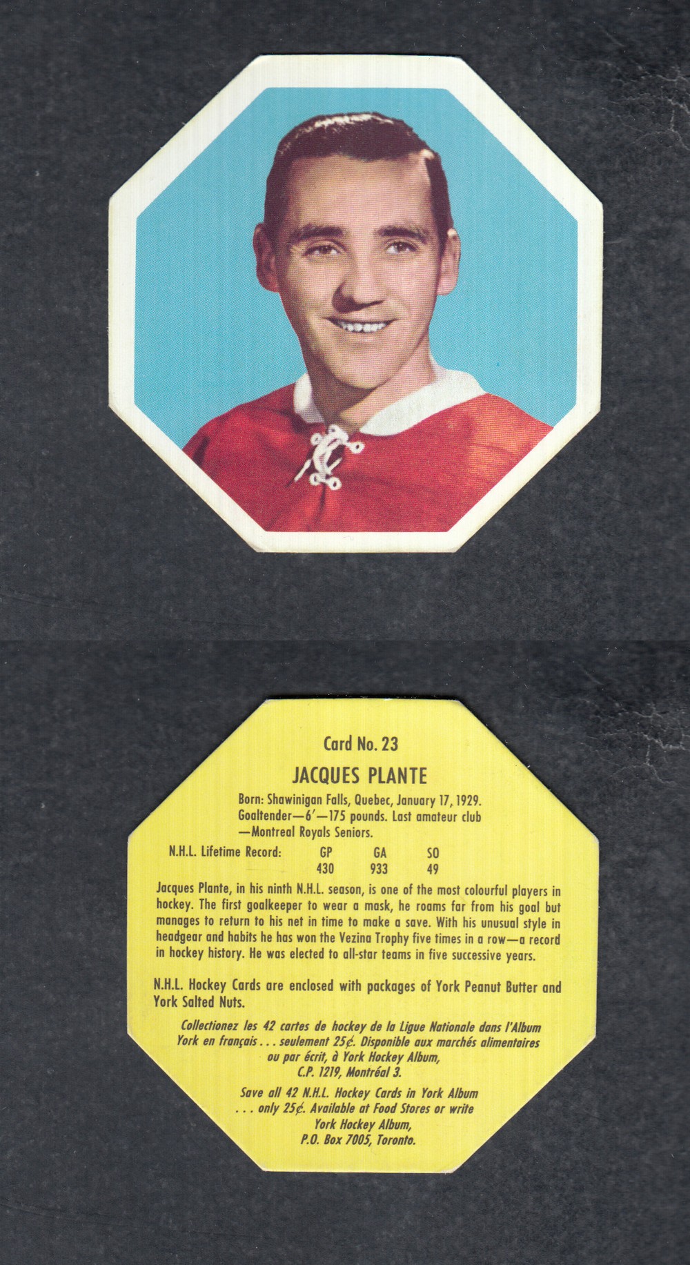 1961-62 YORK HOCKEY CARD #23 J. PLANTE photo 1961-62 YORK HOCKEY CARD #23 J. PLANTE photo