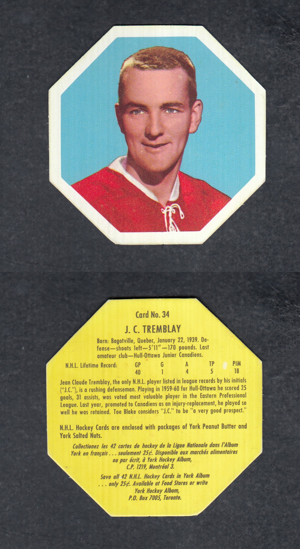 1961-62 YORK HOCKEY CARD #34 J. C. TREMBLAY photo 1961-62 YORK HOCKEY CARD #34 J. C. TREMBLAY photo