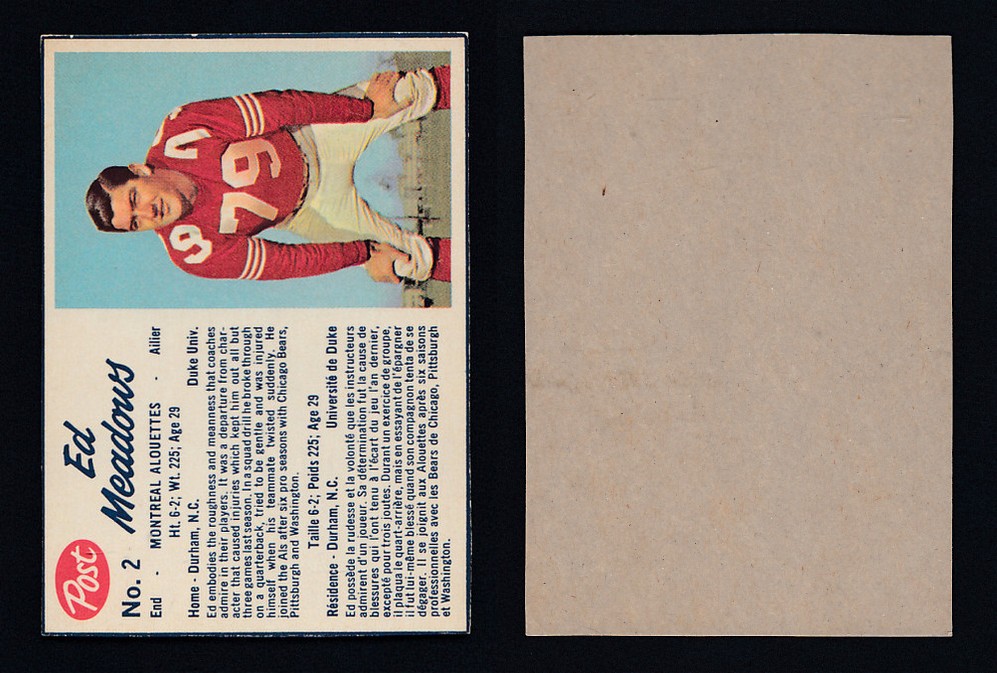 1962 CFL POST FOOTBALL CARD #2 E. MEADOWS photo 1962 CFL POST FOOTBALL CARD #2 E. MEADOWS photo