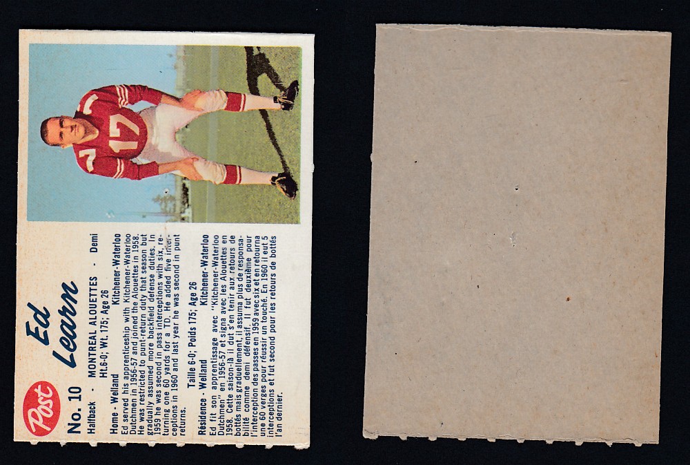 1962 CFL POST FOOTBALL CARD #10 E. LEARN photo 1962 CFL POST FOOTBALL CARD #10 E. LEARN photo
