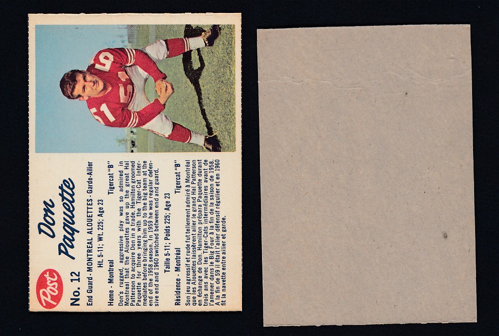 1962 CFL POST FOOTBALL CARD #12 D. PAQUETTE photo 1962 CFL POST FOOTBALL CARD #12 D. PAQUETTE photo