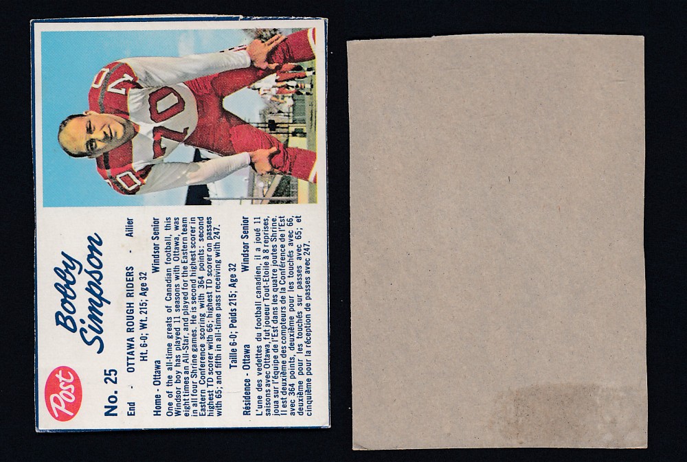 1962 CFL POST FOOTBALL CARD #25 B. SIMPSON photo 1962 CFL POST FOOTBALL CARD #25 B. SIMPSON photo