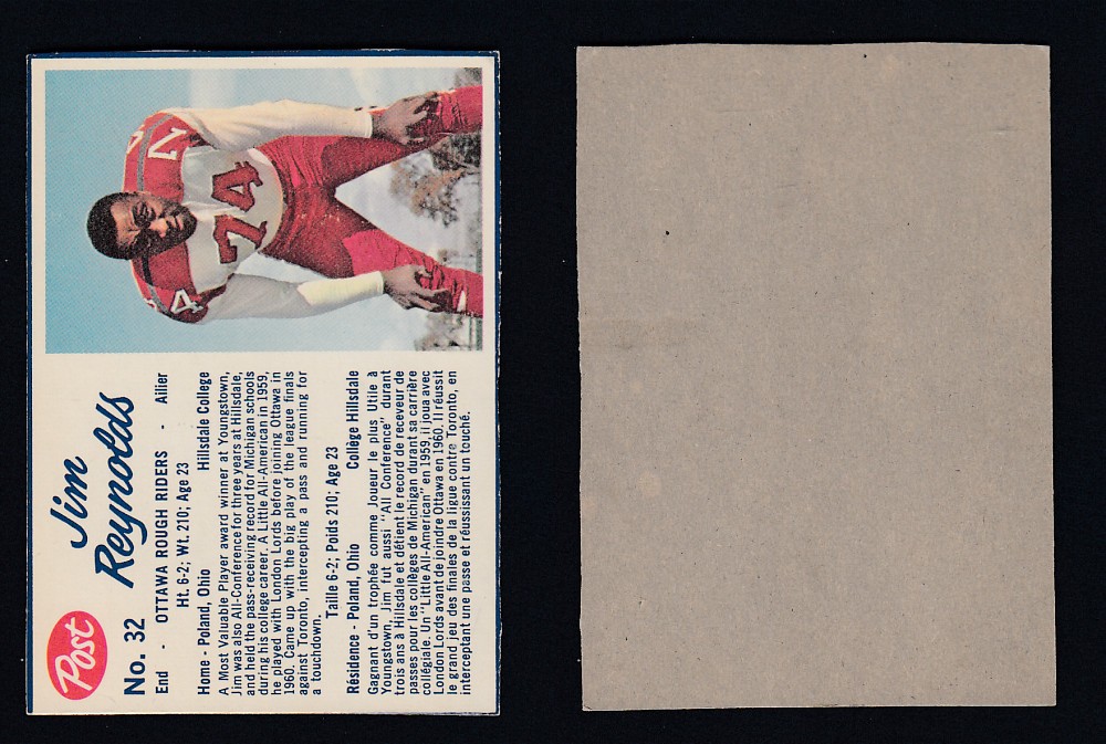 1962 CFL POST FOOTBALL CARD #32 J. REYNOLDS photo 1962 CFL POST FOOTBALL CARD #32 J. REYNOLDS photo