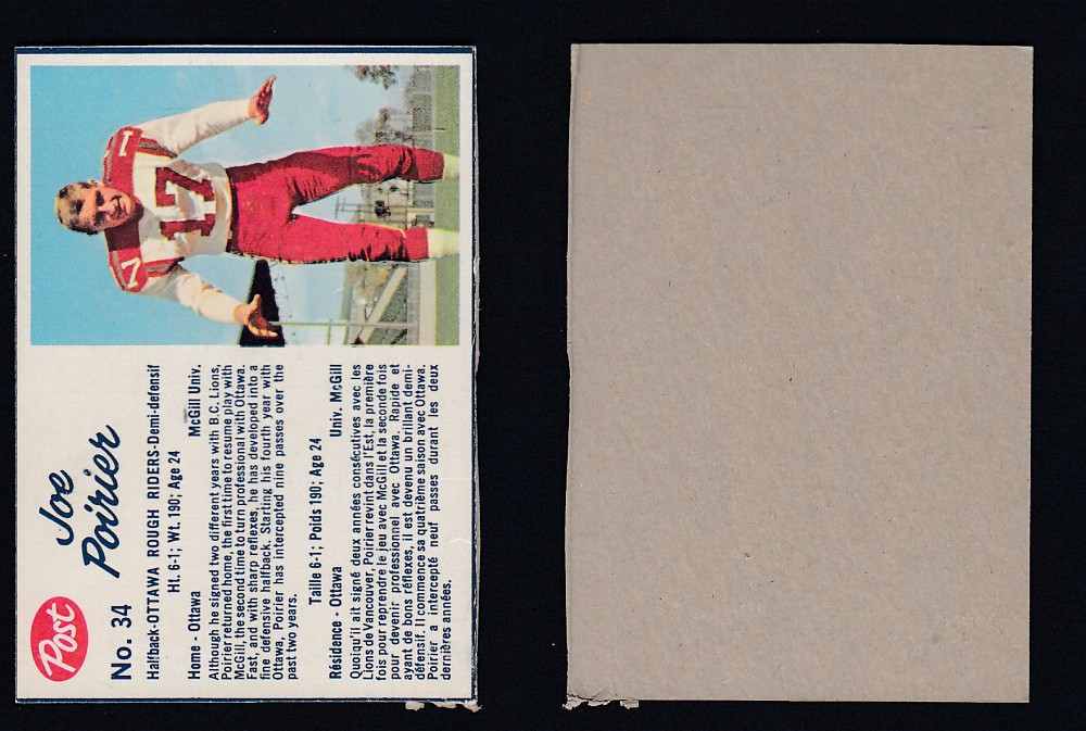 1962 CFL POST FOOTBALL CARD #34 J. POIRIER photo 1962 CFL POST FOOTBALL CARD #34 J. POIRIER photo